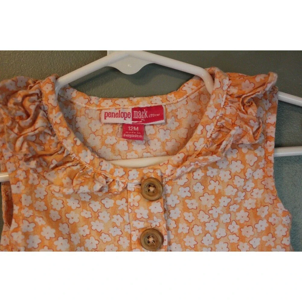 Penelope Mack Baby Girls Button Dress Orange and White Size 12m Spring